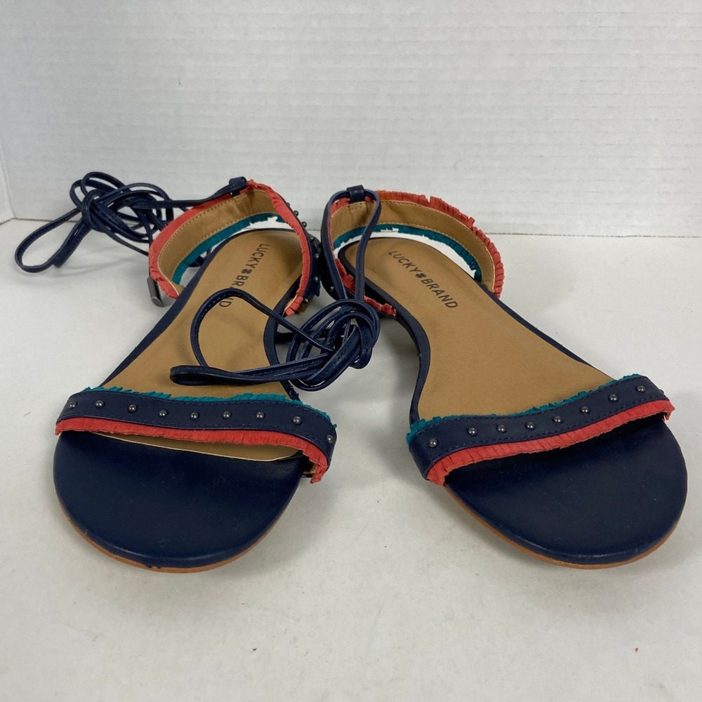 Lucky Brand Toree Navy Blue Leather Fringe Studded Lace Ankle Sandals 6M Flats - Picture 2 of 5